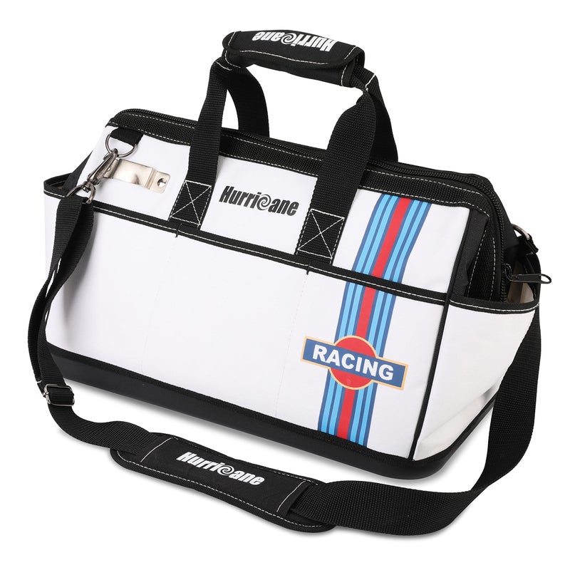 HURRICANE 16 inch Wide Mouth Tool Bag with Water Proof Molded Base with Extra Shoulder Strap, Upgrade Version, Racing theme-White, Multi Pockets, Large Inner Space - Image 1